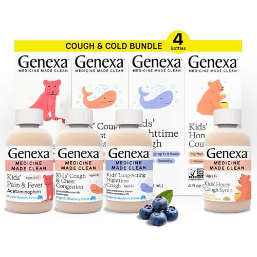 Genexa Kids' Clean Cough Medicine & Honey Cough Syrup, Pain & Fever Reducer Value 4-Pack, Dye Free, 0% Artificial Additives, Cough Care for Children, Fever & Pain Reliever, 16 fl oz (4 Bottles)