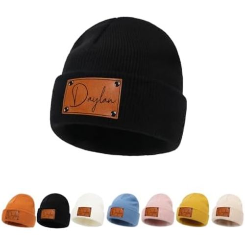 Personalized Baby Beanie with Leather Patch, Custom Name Beanie Hat for Toddler Boys Girls, Winter Warm Knit Hat