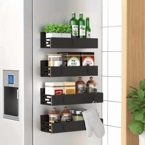 QOPR 4 Pack Magnetic Spice Storage Rack Organizer for Refrigerator and Oven, Black Fridge Organizers and Storage,Plastic Spice Jars Rack,Black