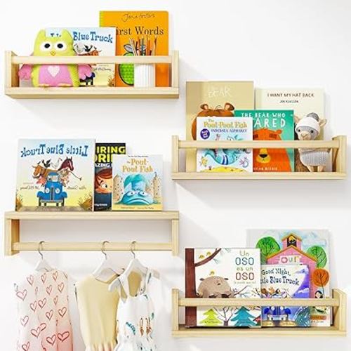 Fixwal Nursery Book Shelves, 16.5 Inch Floating Nursery Bookshelves, Set of 4, Wall Bookshelf for Kids Solid Wood Wall Mounted Shelves for Books,Toys and Decor Storage (Natural Wood)