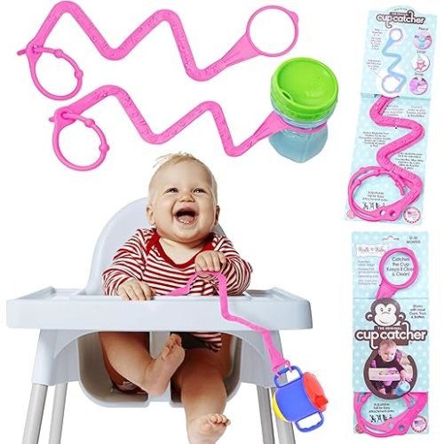 Toy Straps, Sippy, Teether, Pacifier Leash Cup Catcher | 2 Pack | Made in USA Patented Safety Baby Cup and Toy Strap | Cups, Bottles, Pacifiers, Toys | Stroller, High Chair, Car Seat (Pink & Pink)