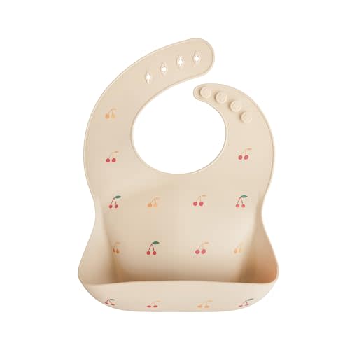 mushie Silicone Baby Bib | Adjustable Fit Waterproof Bibs (Cherries)