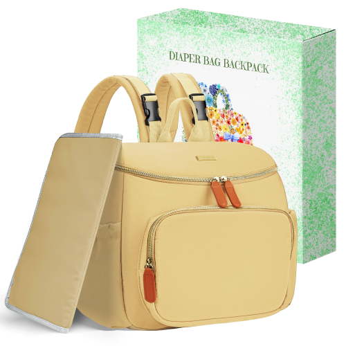 DERSTUEWE Diaper Bags, Fashion Small Diaper Backpack for Women, 15L Baby Diaper Bag with Insulated Milk Bottle Pocket Changing Pad, Honey Yellow