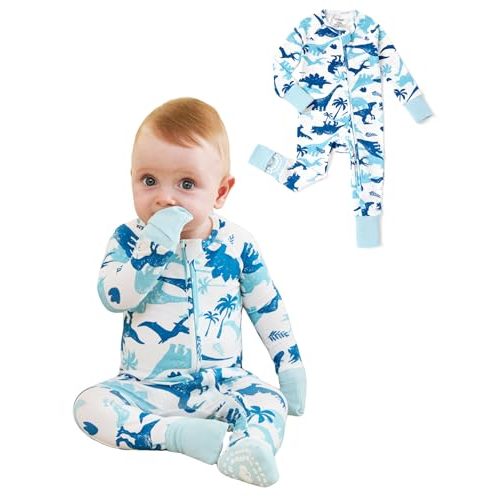 PATPAT Organic Cotton Baby Footie Pajamas with Two-Way Zipper & Fold-Over Mittens, Soft Stretchy Romper for Newborn Boy Girl