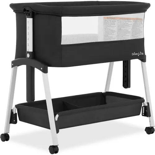 Dream On Me Calypso Portable Bassinet with Wheels in Black, Quick & Easy Folding, Seven Adjustable Height, Washable Fabric, Portable and Packable Bedside Bassinet