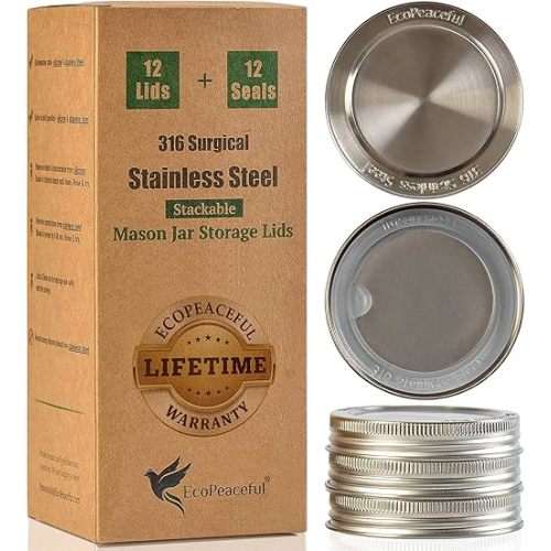 316 Surgical Stainless Steel Mason Jar Lids REGULAR Mouth,ORIGINAL DESIGN,Stackable w/ Pull-Tab Silicone Seal. Rust-proof, Airtight, Leak-proof, Vegan, BPA-Free, Reusable,Not for Canning