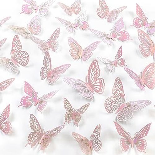 Phuryllic Butterfly Wall Decor, 48pcs 3D Butterfly Stickers in 3 Sizes & 4 Styles for Balloon Arch & Cake Decorations, Cute Decals for Girls Room & Birthday Party, Laser Pink