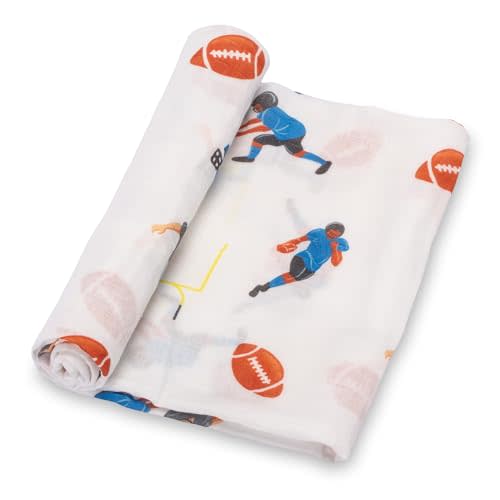 LollyBanks Swaddle Blanket 100% Muslin Cotton, 47 x 47 inches Soft Breathable Muslin Baby Swaddles for Boys, Baby Essentials, Registry and Gift (Football Print), Touchdown