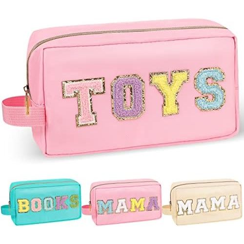 Chenille Letter Makeup Bag Toys Pouch, Nylon Preppy Patch Makeup Bag Small Travel Makeup Zipper Pouch Purse with Handle, Waterproof Portable Glitter Travel Toiletry Bag for Women Girls(TOYS-Pink)