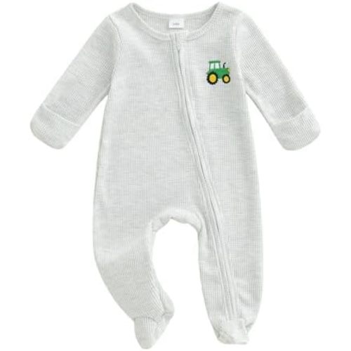 Newborn Baby Boy Clothes Bear Tractor Footie Romper Waffle Onesie Coming Home Jumpsuit Western Farm Fall Outfit