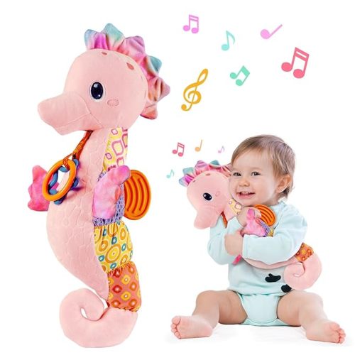 Fuzqq Baby Girl Toys 0-6 Months,Musical Stuffed Animal Plush Toy with Rattle,Soft Newborn Toy for 0 3 6 9 12 Months Girls,Baby Girl Gift,Pink