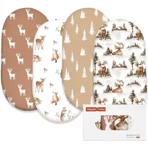 Gllquen Baby Bassinet Sheets 4 Pack, Breathable Cozy Fitted Mattress Sheet, Elastic Travel Crib Fashionable Floral Pattern, Standard Cradle Safe Sheets for Baby Boy Girls 32"X16" (Christmas elk)