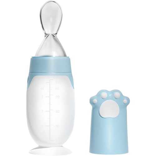 Baby Spoons, Silicone Baby Food Dispensing Spoon, Squeeze Feeding Spoon with Cartoon Dust Cover, 4 oz. (Blue)