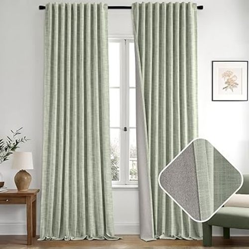 MIULEE Sage Green 100% Blackout Linen Curtains 84 Inch 2 Panels Set Double Sided No Coating Pleated Back Tab Black Out Long Thermal Insulated Pinch Pleat Bedroom Living Room Darkening Window Drapes
