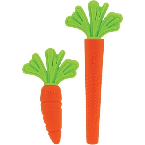 Nuby Silicone Carrot Tube Teether and Realistic Silicone Carrot Teether with Massaging Bristles Combo - Gentle on Gums - 3+ Months