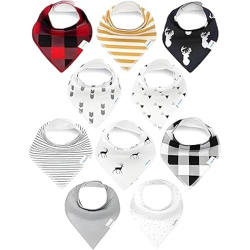 10 Pack Organic Cotton Baby Bandana Drool Bibs | Soft Absorbent Teething Bibs for Toddlers | Unisex Adjustable Bibs with Snap Closures, Cute and Stylish Designs