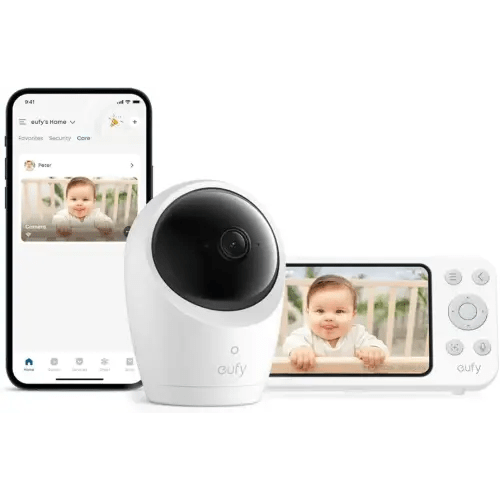 eufy Security Baby Monitor E20 with 2K HD Camera, 5'' 720p Display, Hybrid Wi-Fi & No Wi-Fi Connection, Pan-Tilt, 4X Zoom, Portable Camera with Built-in Battery, 24/7 Recording in App, ANR