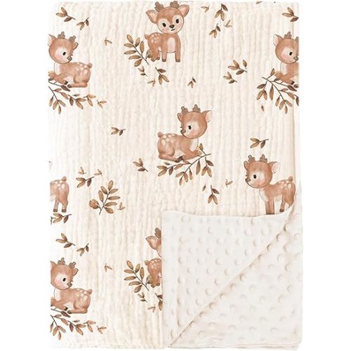 Konssy Baby Blankets for Unisex Boys Girls, Super Soft Nursery Minky Blankets with Muslin Cotton Front and Dotted Fleece Backing, Printed Bed Throws Newborn