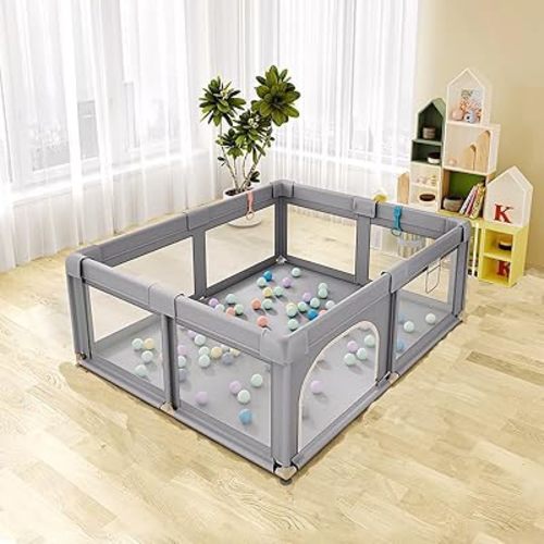 Baby Playpen 59" x 71", Play Pens for Babies and Toddlers, Baby Fence Play Area,Safe Anti-Fall Play Yard with Gates, Baby Fence with Breathable Mesh (Light Grey, 59" x 71")