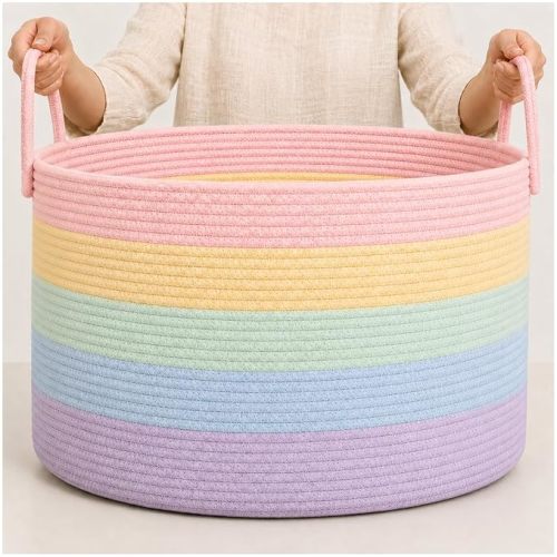OrganiHaus Rainbow Toy Basket & Blanket Storage Bin, Nursery 20x13"