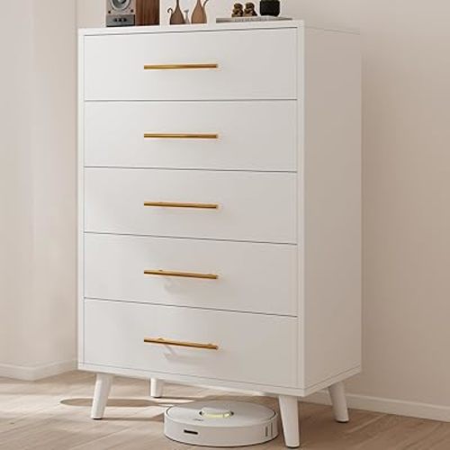 Ahomly Tall Dresser for Bedroom, White Dresser with 5 Drawers, Modern Chest of Drawers with Anti-Tip Kit, Metal Handles & Silent Gliding Slides, for Living Room, Hallway, White