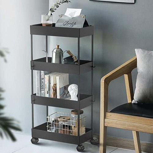 AOJIA 4 Tier Slim Storage Cart, Bathroom Storage Cart Organizer Bathroom Cart with Wheels for Bathroom, Bedroom, Kitchen Laundry Narrow Places - 4tiers Black