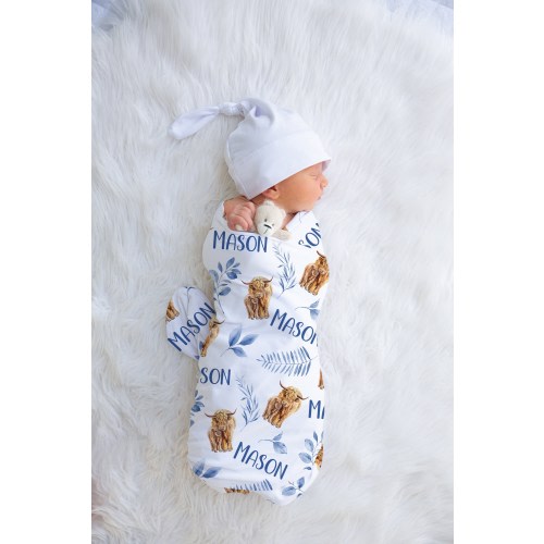 Highland Cow Baby Name Swaddle, Blue Greenery Boy Blanket, Cow and Calf Receiving Blanket, Baby Shower Gift, Custom Farm Blanket, Eucalyptus