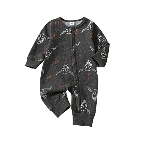 Omkzanbi Western Baby Boy Clothes Newborn Cowboy Jumpsuit Cow Printed Onesie Long Sleeve Bodysuit Fall Winter Outfit