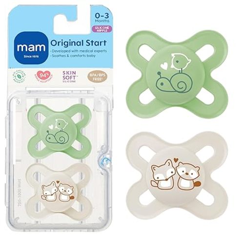 MAM Original Start Matte Baby Pacifiers 0-3 Mths, BPA-Free Skin Soft Silicone Nipple, Developed with Medical Experts Specially for Smaller Newborn Mouths, Easy to Clean, 2 Pk with Sterilizer Case