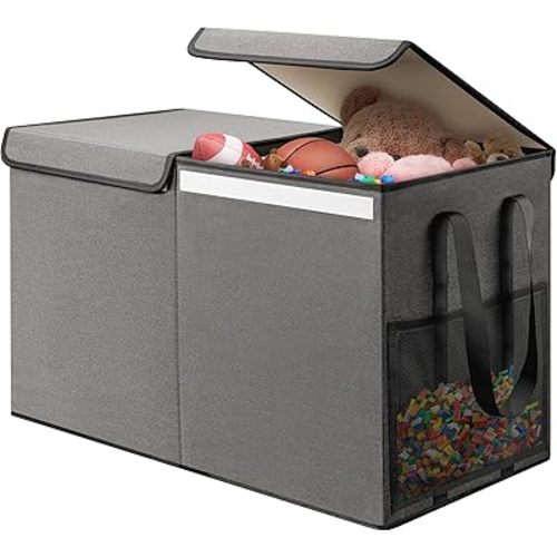 Large Toy Box for Boys Girls Toy Chest Kids Toy Storage Organizer Collapsible Toy Storage Bin Basket with Two Mesh Pockets for Nursery Playroom Bedroom Living Room Organization