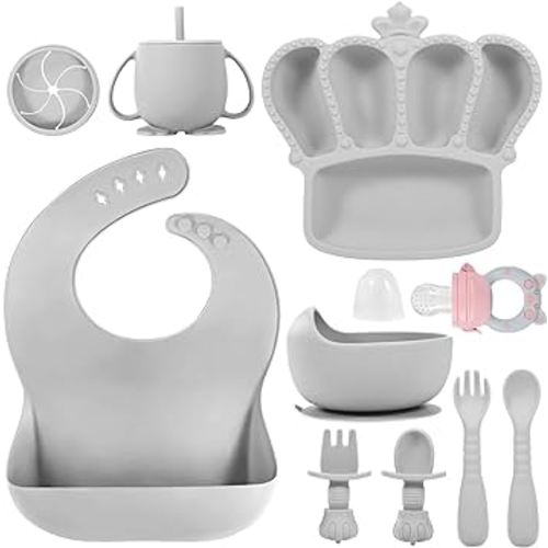 Silicone Baby Feeding Set, 10 Pcs Baby Led Weaning Supplies Suction Bowl Divided Plate Baby Bibs Fruit feeder Pacifier Baby Spoons Forks Sippy Cup Utensil Sets Baby Essentials for Newborn Grey
