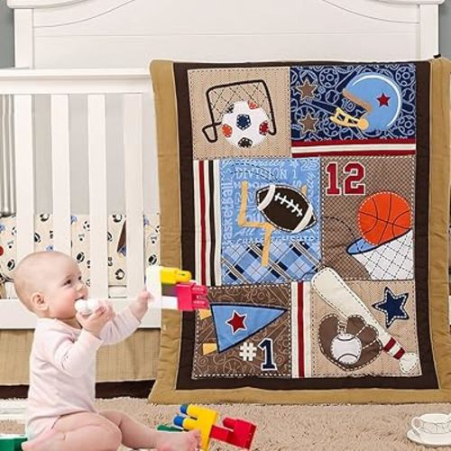 Brandream Crib Bedding Sets for Boys Happy Friends and Family Time - Sport Bedding Set | 3-Piece Nursery Set | Baby Quilt, Fitted Crib Sheet, Crib Skirt Included