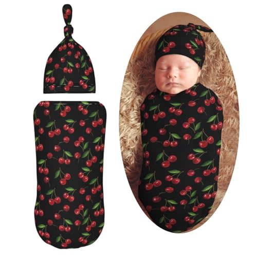 Red Cherry Painting Newborn Swaddle Blankets Baby Receiving Blanket Soft Swaddle Blanket with Hat Sets for Baby Shower Girl Boy Gift