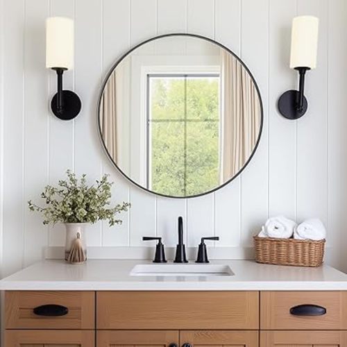 DUMOS Black Circle Mirror for Wall 24 inch, Bathroom Round Mirror for Over Sink, Bathroom, Entryway, Bedroom, Vanity