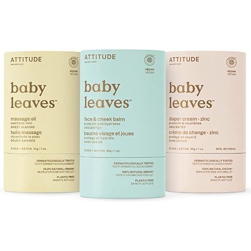 Bundle of ATTITUDE Plastic-Free Diaper Cream Bar with Zinc for Baby, EWG Verified, Dermatologically Tested, Vegan, Unscented, 1 Ounce + Face and Cheek Balm Bar for Baby + Massage Oil Bar for Baby
