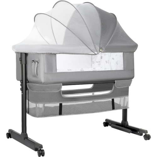 Foldable Portable Baby Bassinet Bedside Crib with Adjustable Height, Wheels, and Storage Basket, Light Gray