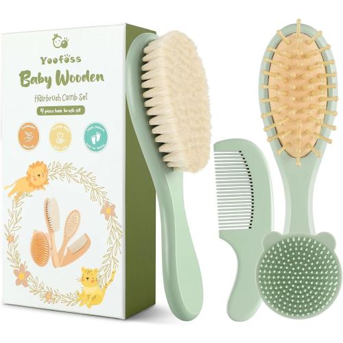 Yoofoss 4 Piece Baby Hair Brush and Comb Set，Wooden Baby Hair Brush with Natural Ultra Soft Goat Hair, Baby Comb Set for Boy, Girl - Green