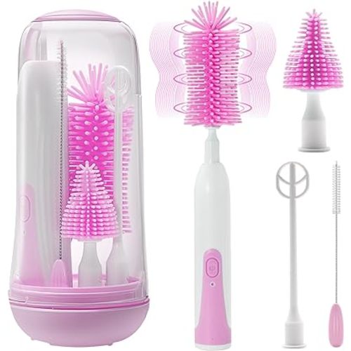 Electric Bottle Brush Cleaner, Portable Electric Baby Bottle Brush for Travel, Waterproof Electric Bottle Cleaner Set with Nipple & Straw Brush, Baby Bottle Brush Electric with Milk Frother, Pink