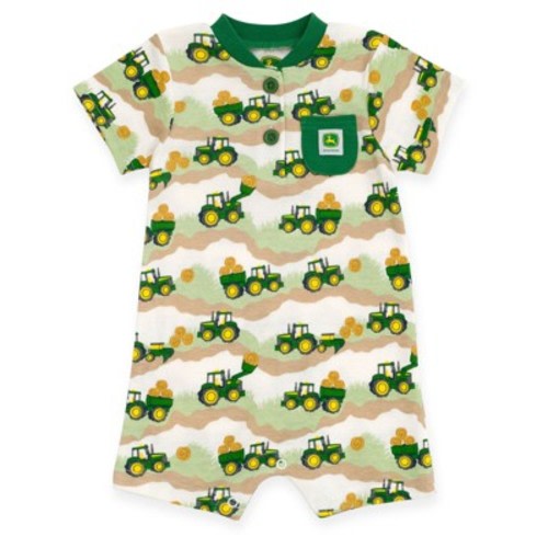 John Deere Newborn Baby Boys Henley Romper Green Trucks Newborn