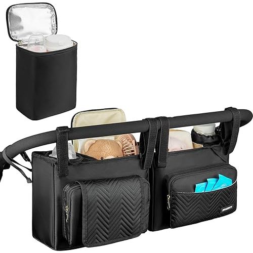 Double Stroller Caddy Compatible with Bob Duallie,Baby Jogger City Mini Gt2 and Zoe Twin V2,Double Stroller Parent Console with Cooler Bag and Cup Holder,Black