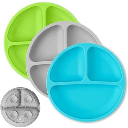 Hippypotamus Toddler Plates with Suction - 100% Food-Grade Silicone Baby Plates - Microwave & Dishwasher Safe - BPA Free - Set of 3 (Blue/Gray/Green)