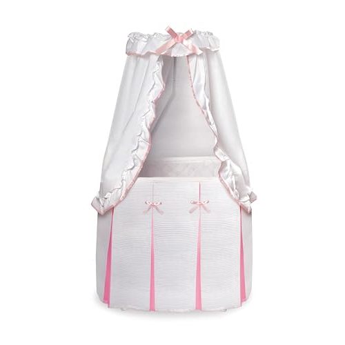 Badger Basket Majesty Canopy Bassinet, Rocking Baby Cradle Bed with Mattress, Bedding, and Storage, Oval White/Pink