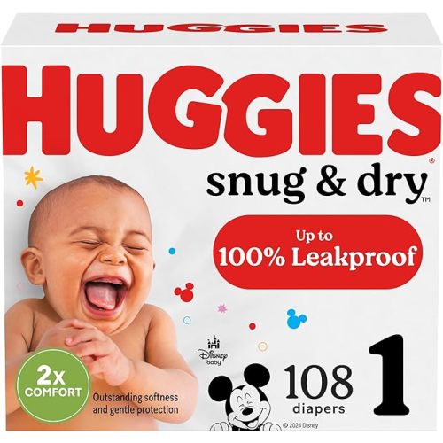 Huggies Size 1 Diapers, Snug & Dry Newborn Diapers, Size 1 (8-14 lbs), 108 Count, Packaging May Vary