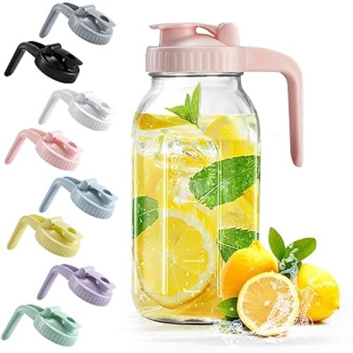 Mason Jar with Pour Spout Lid V-shaped, 2 Quart Iced Tea Pitcher Double Leak Proof, 64 oz Drink Pitcher for Breastmilk, Sun Tea, Juice, Coffee Creamer, Formula Pitcher