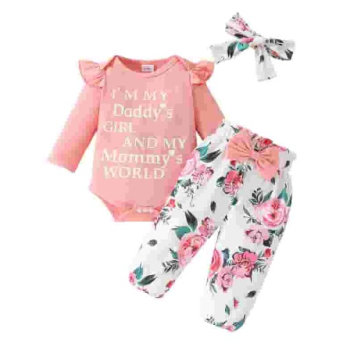 WIBACKER Daddy's Girl Mommy's World Newborn Outfit Baby Girl Going Home Outfits Ruffle Ribbed Romper Top Floral Pants Set Fall Winter Clothes