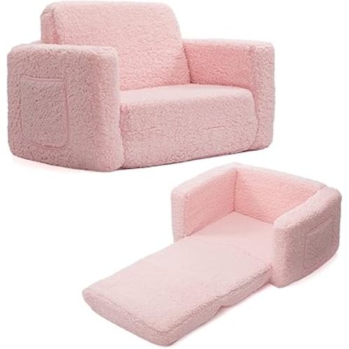 ALIMORDEN 2-in-1 Flip Out Cuddly Sherpa Toddler Couch Convertible Sofa to Lounger, Pink