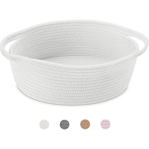 ABenkle Cute Small Woven Basket with Handles, 12"x 8" x 5" Rope Room Shelf Storage Basket Chest Box for Cat and Dog Toys, Empty Decorative Gift - White