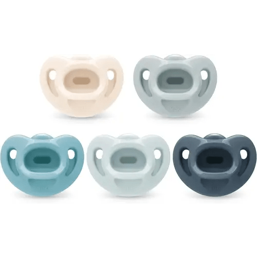 NUK 100% Silicone Comfy Orthodontic Pacifiers, 0-6 Months, Blue Fashion, Timeless Collection, 5 Count