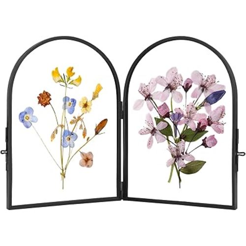 Double Glass Frame for Pressed Flowers Handmade, Pressed Flower Frame, Hinged Tabletop Brass Photo Frames, Dried Flower Display Folding Picture Frame for Home, ArcShaped, Black, 4×6 Inches