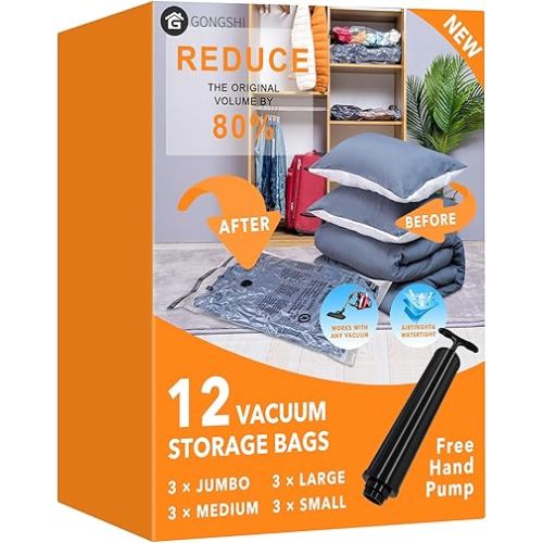 12 Pack Vacuum Storage Bags (3 Jumbo, 3 Large, 3 Medium, 3 Small),Plastic Packaging Bags,Space Saver Sealer Compression Bags with Travel Hand Pump for Blankets, Comforters, Pillows, Clothes Storage